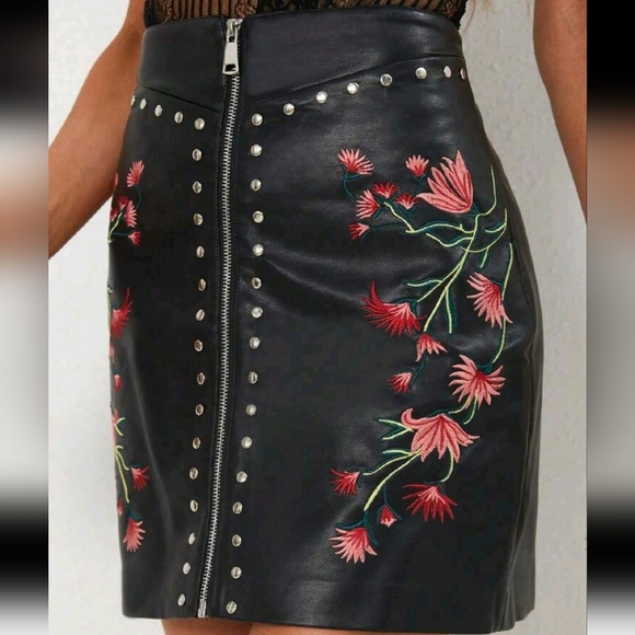 Leather For Women Print Embroidered Bodycon A-Line High Waisted Short Mini Skirt - Picture 4 of 4